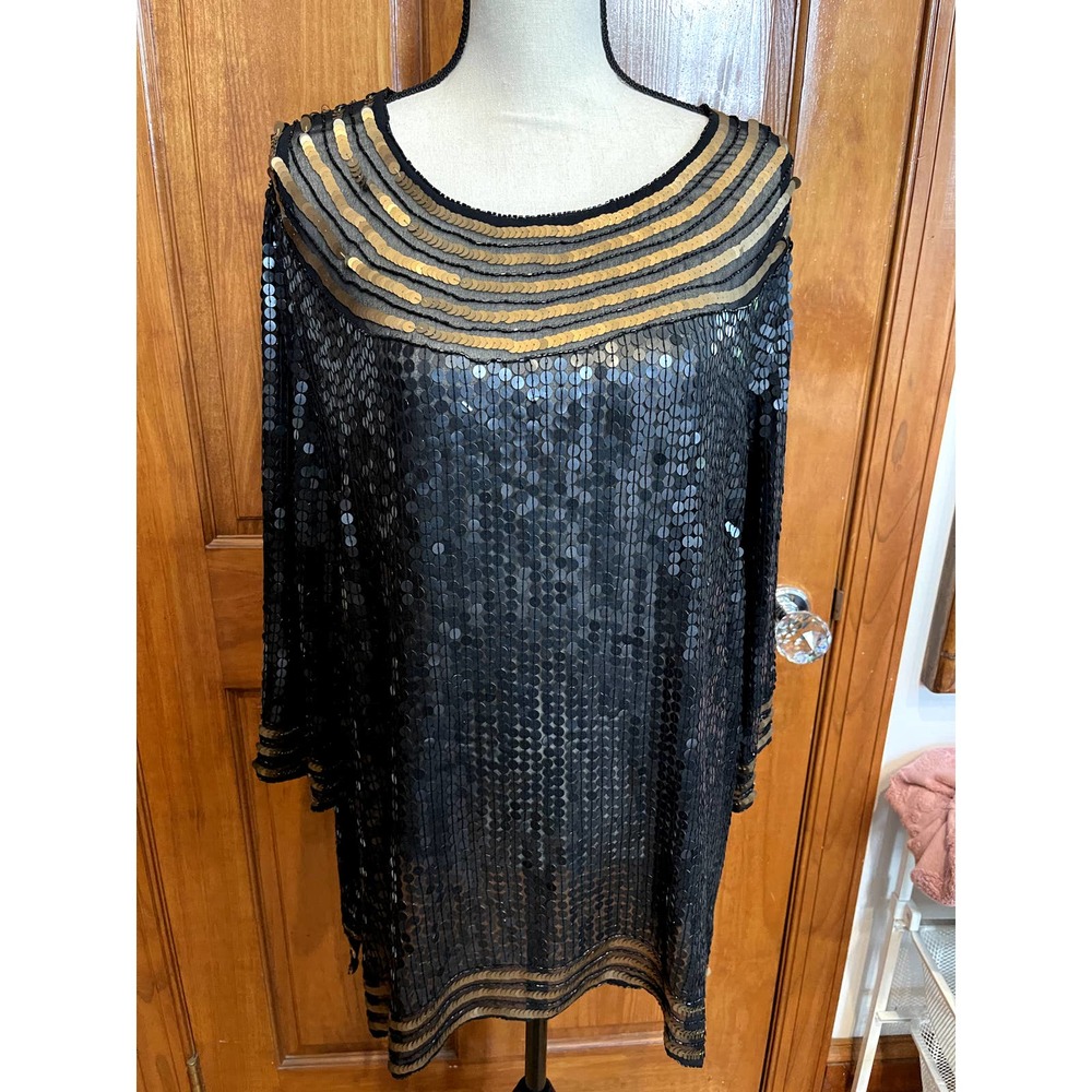 Vintage Women's Plus Size Black & Gold Sequin Tunic Top sz. 1X